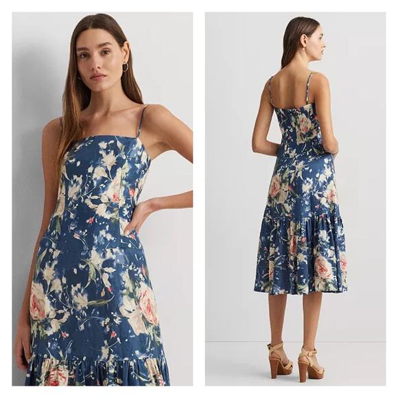 Lauren Ralph Lauren Floral Linen Blend Midi Blue Multi Dress Size 14 - Picture 1 of 10